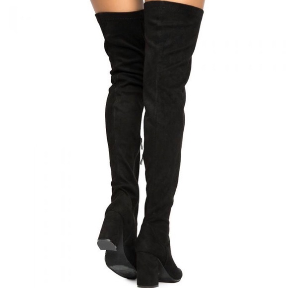 Black Suede Thigh High Block Heel Boots (Size 7) - Picture 2 of 7